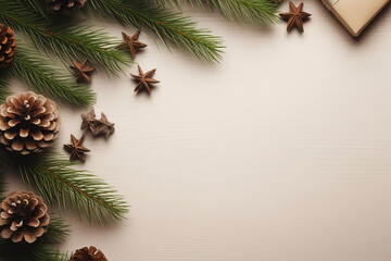 Fototapeta na wymiar Christmas table top view with pine tree, pine cones, fir tree branches, gifts, and copy space on a rustic wooden background