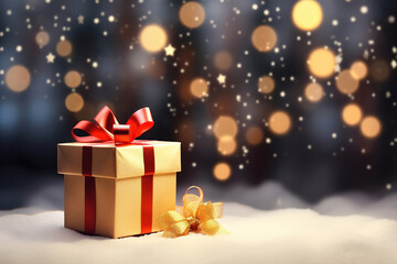 New Year and Christmas gift boxes on a white snow bokeh background, with copy space for text. New Year winter banner or poster.