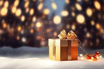 New Year and Christmas gift boxes on a white snow bokeh background, with copy space for text. New Year winter banner or poster.
