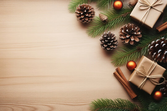 Christmas table top view with pine tree, pine cones, fir tree branches, gifts, and copy space on a rustic wooden background