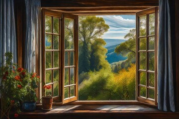 An abstract and surreal representation of an open window, merging the indoors and outdoors in a dreamlike and imaginative manner