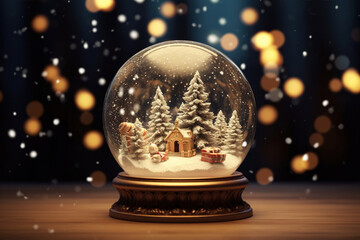 Fototapeta na wymiar Christmas snow globe home decoration with fir trees on a winter snowfall bokeh background. Winter snowball showcase, snowy landscape copy space.