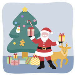 2つのプレゼントを持ったサンタクロースとクリスマスツリー、ツリーの周りに置かれたたくさんのプレゼントと寄り添う一頭のトナカイ