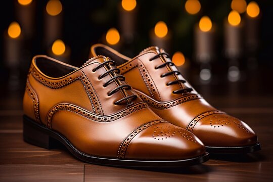 A image of Man luxury brown leather shoes in a shop window close up on room Generative AI