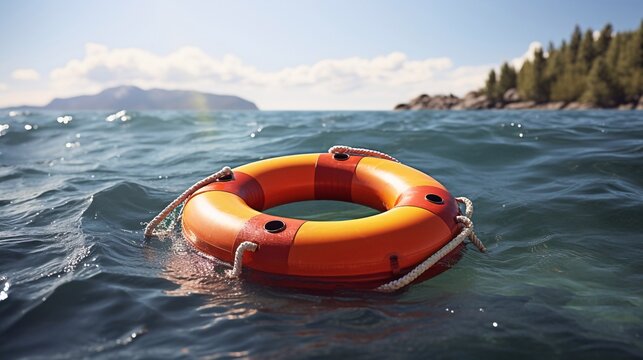A image of Lifebuoy floating in the sea on a sunny summer day safe concept. Generative AI