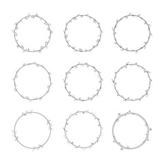 Set Abstract Black Collection Simple Line Round Circle With Leaf Leaves Frame Flowers Doodle Outline Element Vector Design Style Sketch Isolated Illustration For Wedding And Banner