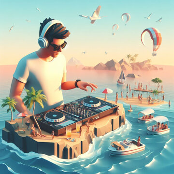 young deejay, wear glasses earphone hosting dj set at crowded beach party tropical island isometric