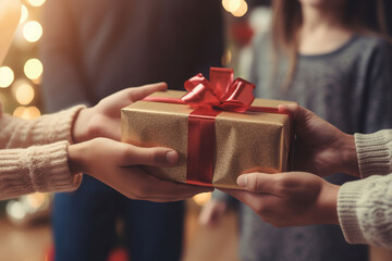 Young man giving a gift box to his surprised and happy woman. Hands of a young couple exchanging a Christmas gift box with each other. Copy space for poster and banner.