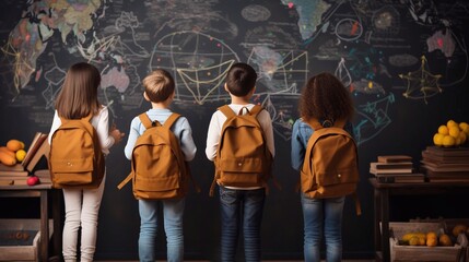 A picture of Back to school day concept. Group of children with backpacks on the background of the world map Generative AI - obrazy, fototapety, plakaty