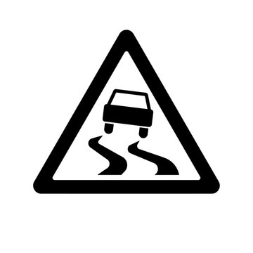 A large slippery road sign in the center. Isolated black symbol