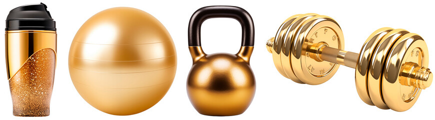 Set of gold sports equipment. Golden weight, dumbbells, shaker, fitball. Isolated on a transparent...