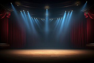 Magical Lighting Theater Stage with Red Curtains, Spotlight, and Festive Background, Copy Space,...