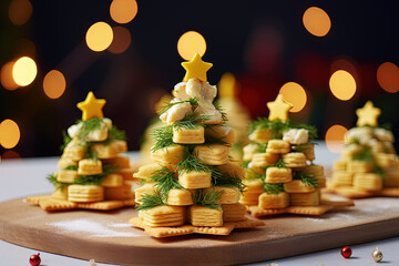 Festive stack of cream cheese biscuits in the shape of a Christmas tree, and vegetable pastries elegantly arranged on a table with beautiful bokeh lighting in the background
