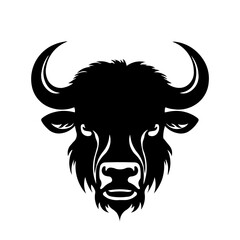 A large buffalo head in the center. Isolated black symbol. Vector illustration on white background