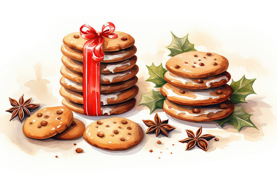 Watercolor Stack of Biscuits or Cookies. Christmas Sweet Food Illustrations Isolated on a White Background. Winter Seasonal Food Feasible Banner or Poster.