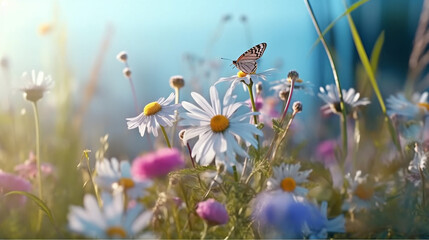 Beautiful wild flowers chamomile, purple wild peas, butterfly in morning haze in nature close-up macro,