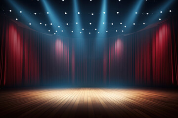 Magic Theater Stage with Red Curtains, Show Spotlight, Festive Background, Copy Space, Banner, or Poster - obrazy, fototapety, plakaty