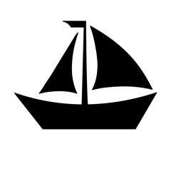 A large sailing boat symbol in the center. Isolated black symbol. Vector illustration on white background