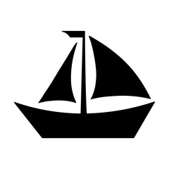 A large sailing boat symbol in the center. Isolated black symbol. Illustration on transparent background