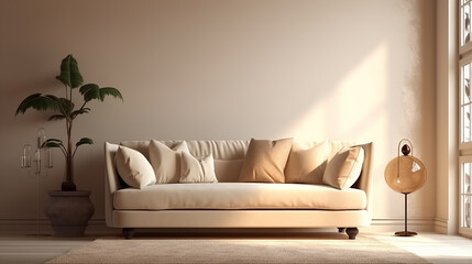 Cream suede leather sofa, brown cushion, blanket in sunlight on beige wall, parquet floor living room