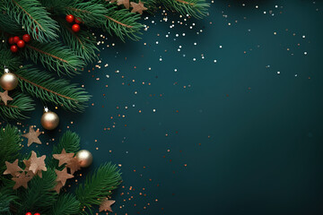 Christmas border with festive decorations: pine branches, golden balls, stars, berries, and ribbons, on a green abstract background. Happy New Year! Copy space for text