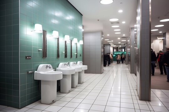 Interior of modern men bathroom with row of white urinals Generative AI