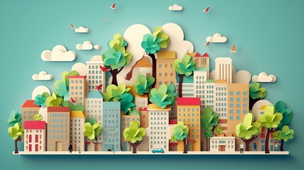 Tree surrounded by a buildings, paper art concept and world sustainable environment friendly idea, vector art and illustration