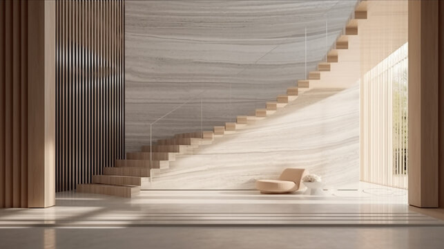 White marble U shape floating stair, led stripe light staircase, tempered glass balustrade in luxury beige living room