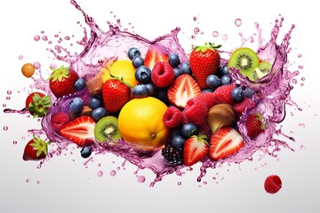 colorful paint and summer fruit explosion on transparent background