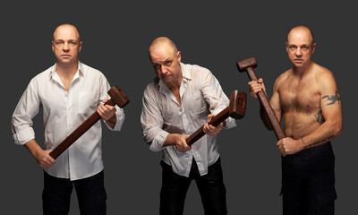 Triple portrait of a man with a hammer. With clipping path