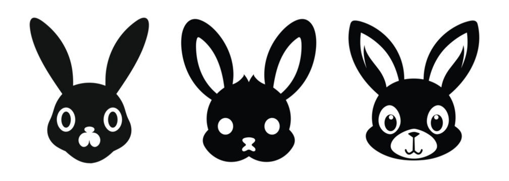 Set of Cute Bunny Faces Black Color Vector illustration