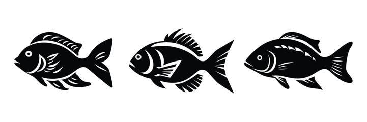 Set of Cute Fishes Black Color Vector illustration