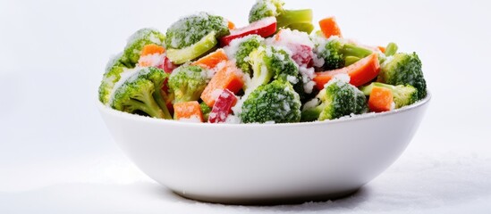 Frozen vegetable medley with various types of vegetables in a white bowl with icy surroundings