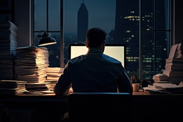 Corporate night shift. Hardworking executive at desk. Late office hours. Confident businessman on laptop in dark workspace. Career dedication. Serious professional working in dimly lit office