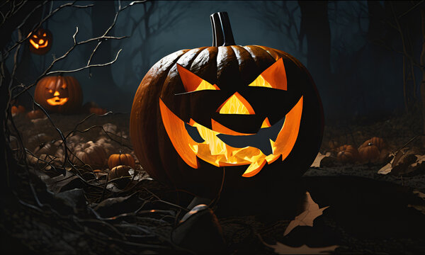 A jack-o'-lantern's sinister smile flickers in the inky darkness, a beacon of spookiness in a Halloween scene filled with mystique and the unknown. ai generated