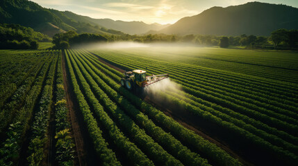 spraying pesticide with tractor at agriculture field - obrazy, fototapety, plakaty