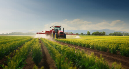 Fototapeta premium spraying pesticide with tractor at agriculture field