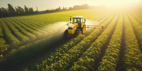 spraying pesticide with tractor at agriculture field.