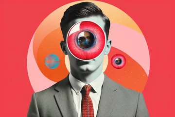 Rolgordijnen Abstract fine-art and pop-art illustration colorful collage of man with binoculars. Surreal and minimalist looking illustrative art with many details and patterns © Rytis