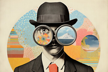 Abstract fine-art and pop-art illustration colorful collage of man with binoculars. Surreal and minimalist looking illustrative art with many details and patterns