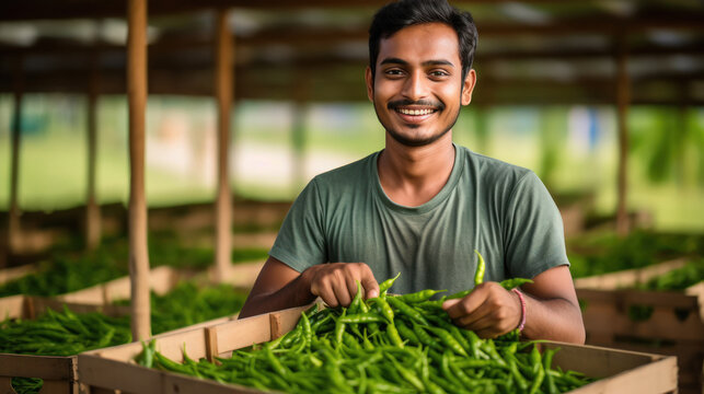 Young indian farmer or gardner holding full of green chili box