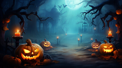 Halloween pumpkins on wood halloween background at night forest with moon