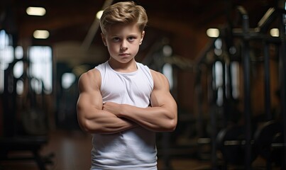 Fototapeta na wymiar Photo of a confident young man posing with crossed arms in a gym