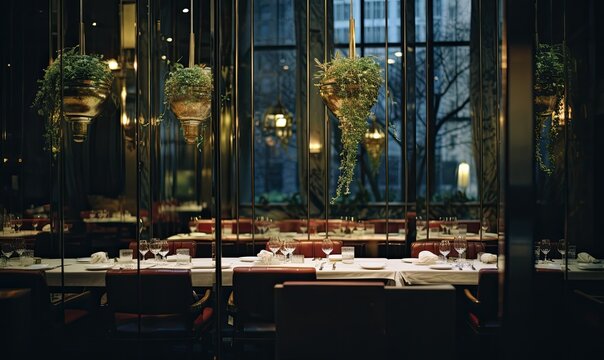 Photo of a cozy and intimate restaurant with ambient lighting and stylish furniture