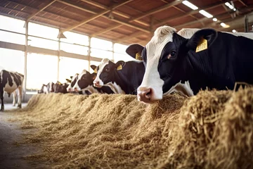 Foto op Plexiglas Modern dairy farming. Cattle herd in rustic barn setting. Livestock husbandry. Domestic cattle grazing in rural pasture. Countryside ranch life. Holstein cows in modern © Bussakon