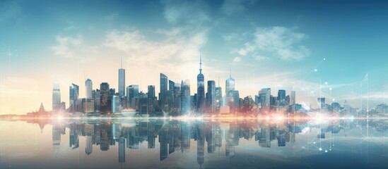 Obraz premium Abstract map interface with Chicago skyline background representing international trading Multiexposure emphasized