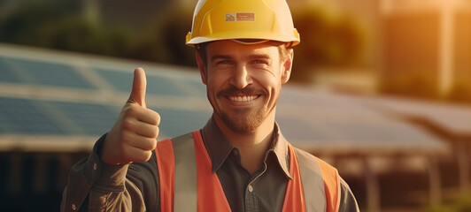 A happy worker is giving thumbs up for using solar panels and smiling at the camera. - obrazy, fototapety, plakaty