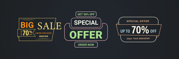 Vector Big Sale Discount Promotions Button Set. 