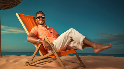 Indian man sitting deckchair, enjoying vacation - obrazy, fototapety, plakaty