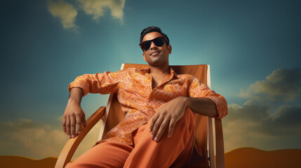 Indian man sitting deckchair, enjoying vacation